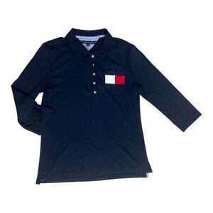 Tommy Hilfiger Blue Flag Logo Polo Shirt Size L Women 3/4-Sleeve Cotton Button